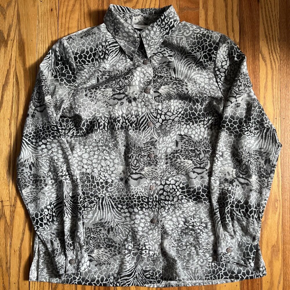 Alfred Dunner Gray Leopard Jungle Print Size 8 Button Up Blouse Shoulder Pads